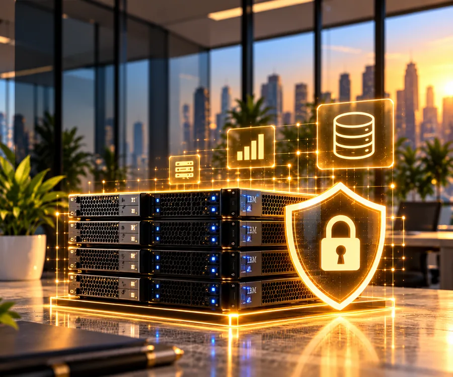 Сървъри IBM Storage FlashSystem със защитни и аналитични икони